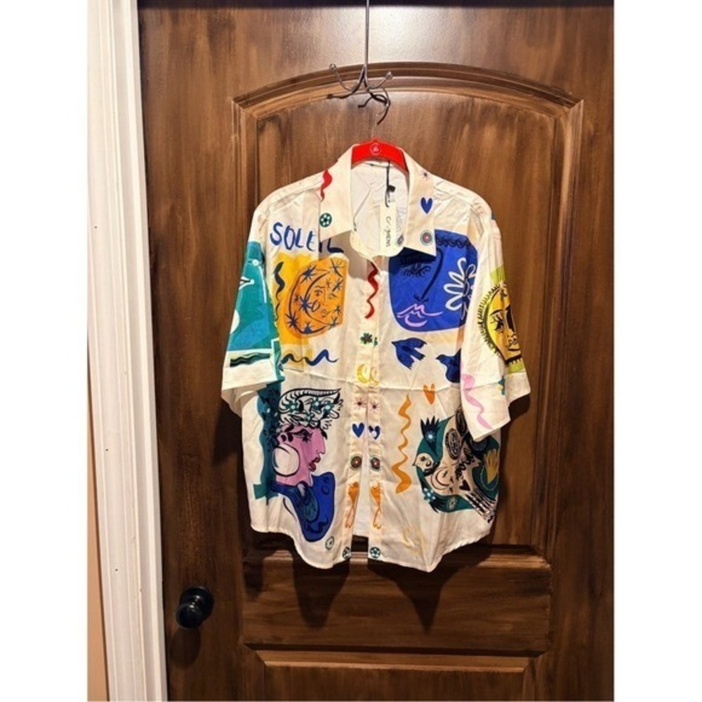 Commense 2 Piece Matching Set Medium Cream Multi NWT Graphic Print Palazzo Pants - Picture 5 of 8